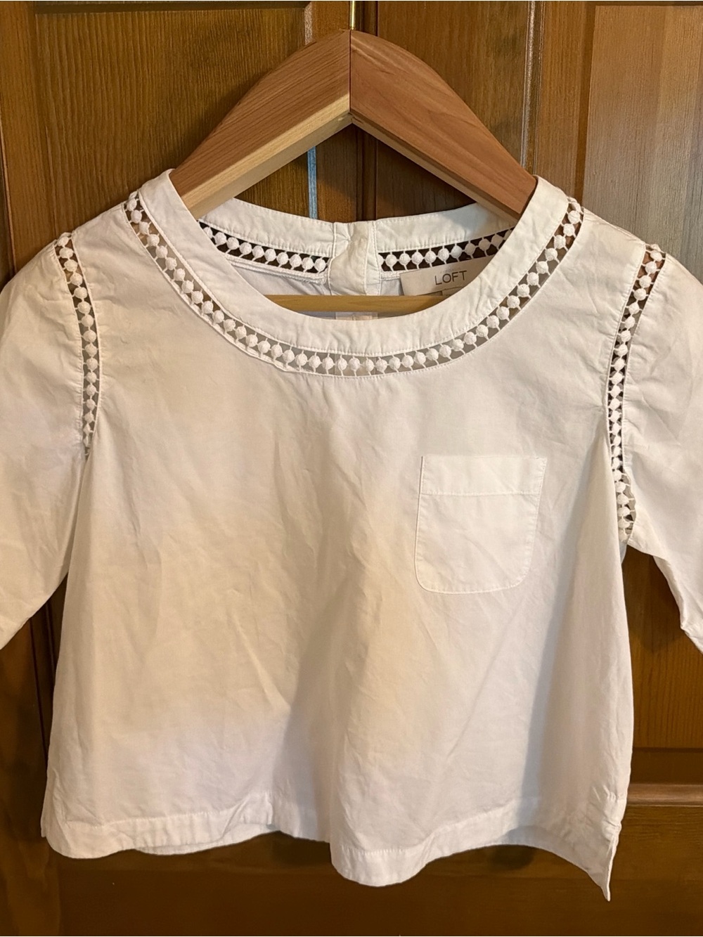 LOFT White Cotton Ladder Lace Trim Button Back Blouse Top Size SP